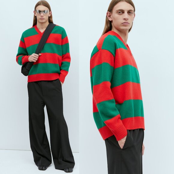GUCCI MENS SWEATER RED GREEN FELTED WOOL STRIPED PULLOVER V-NECK - Picture 3 of 16